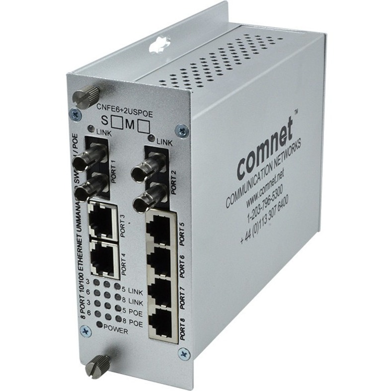 ComNet 8 Port 10/100 Mbps Ethernet Self-Managed Switch 2FX Single Mode, 6TX (PoE) - 8 Ports - Manageable - Fast Ethernet - 10/100Base-TX, 10/100Base-FX - 2 Layer Supported - Twisted Pair, Optical Fiber - Wall Mountable, Rail-mountable, Rack-mountable, Desktop - Lifetime Limited Warranty