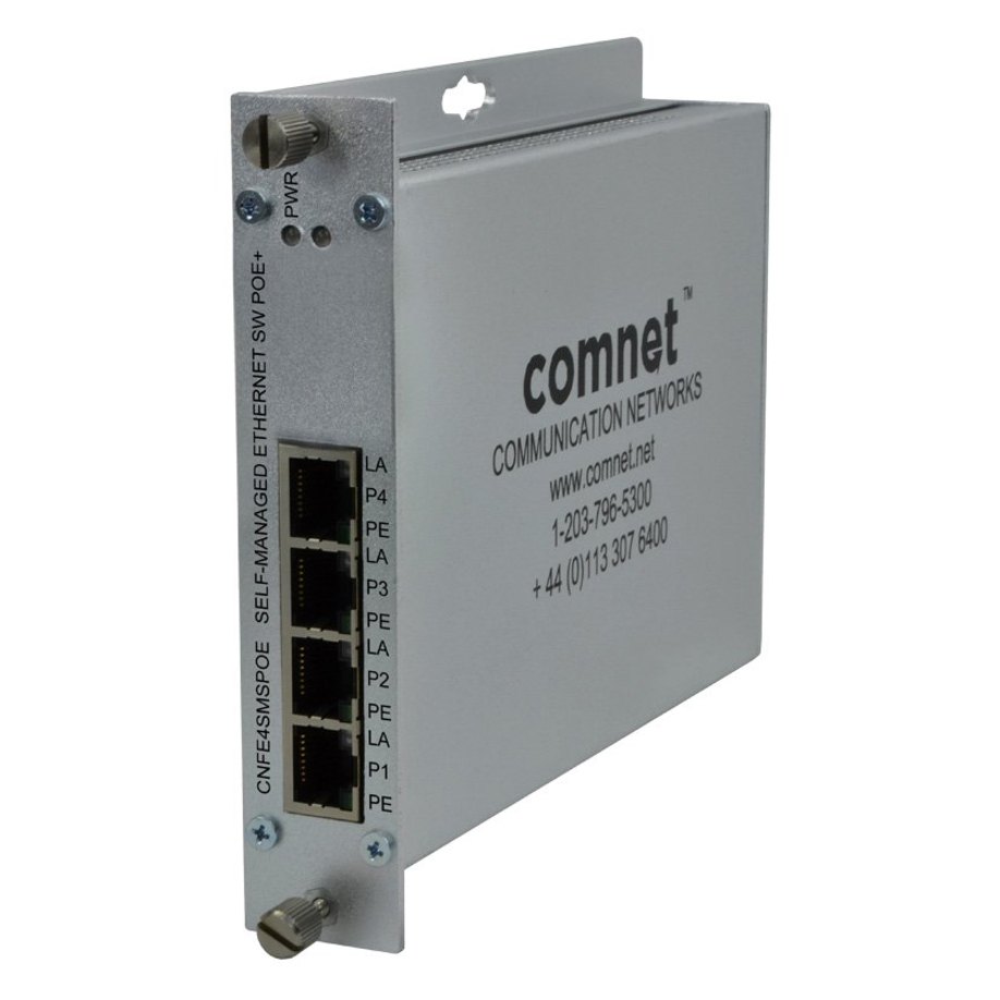 ComNet 4 Port 10/100 Mbps Ethernet Self-managed Switch with PoE+, up to 100m (328 ft) - 4 Ports - Manageable - Fast Ethernet - 10/100Base-TX - 2 Layer Supported - Twisted Pair - Wall Mountable, Rail-mountable, Rack-mountable - Lifetime Limited Warranty