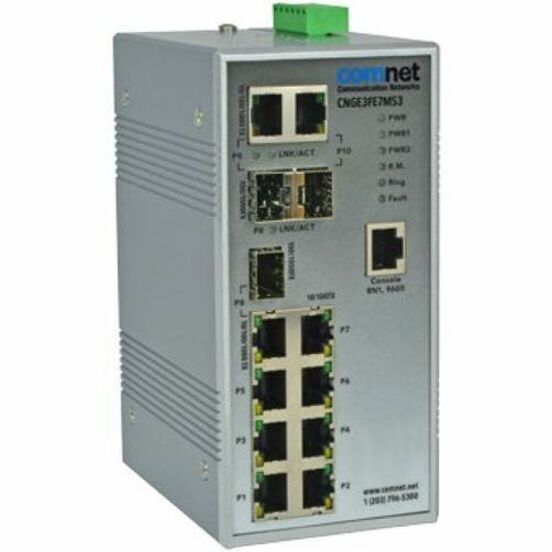 ComNet CNGE3FE7MS3 Ethernet Switch - 7 Ports - Manageable - Fast Ethernet, Gigabit Ethernet - 10/100Base-TX, 10/100/1000Base-T - 2 Layer Supported - 3 SFP Slots - 12 W Power Consumption - Twisted Pair, Optical Fiber - DIN Rail Mountable, Wall Mountable - Lifetime Limited Warranty - TAA Compliant