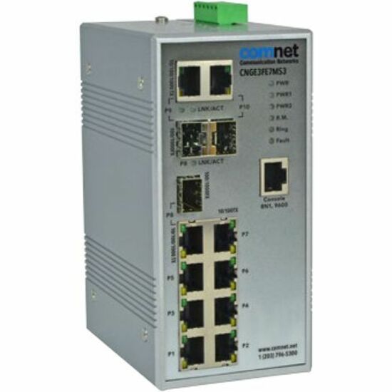 ComNet CNGE3FE7MS3 Ethernet Switch - 7 Ports - Manageable - Fast Ethernet, Gigabit Ethernet - 10/100Base-TX, 10/100/1000Base-T - 2 Layer Supported - 3 SFP Slots - 12 W Power Consumption - Twisted Pair, Optical Fiber - DIN Rail Mountable, Wall Mountable - Lifetime Limited Warranty - TAA Compliant