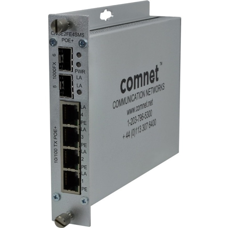 ComNet 10/100/1000 Mbps Drop/Insert/Repeat Gigabit Uplink Switch with Optional PoE+ - 4 Ports - Manageable - 10/100Base-TX, 1000Base-FX - 2 Layer Supported - 2 SFP Slots - PoE Ports - Wall Mountable, Desktop, Rack-mountable, Rail-mountable - Lifetime Limited Warranty