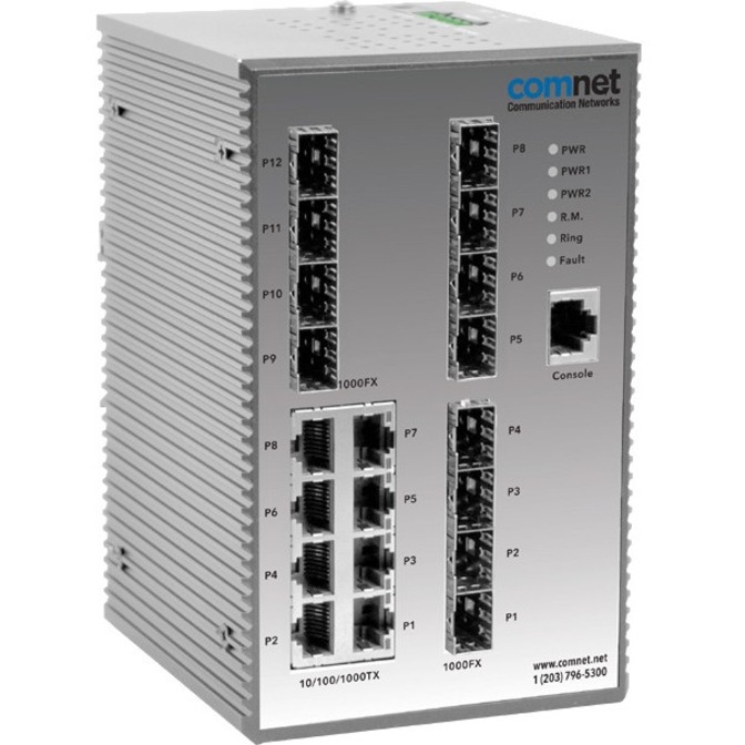 ComNet 20-Port Managed Gigabit Switch - 8 Ports - Manageable - Gigabit Ethernet - 10/100/1000Base-T, 1000Base-FX - 2 Layer Supported - 12 SFP Slots - Twisted Pair, Optical Fiber - Rail-mountable, Wall Mountable - Lifetime Limited Warranty