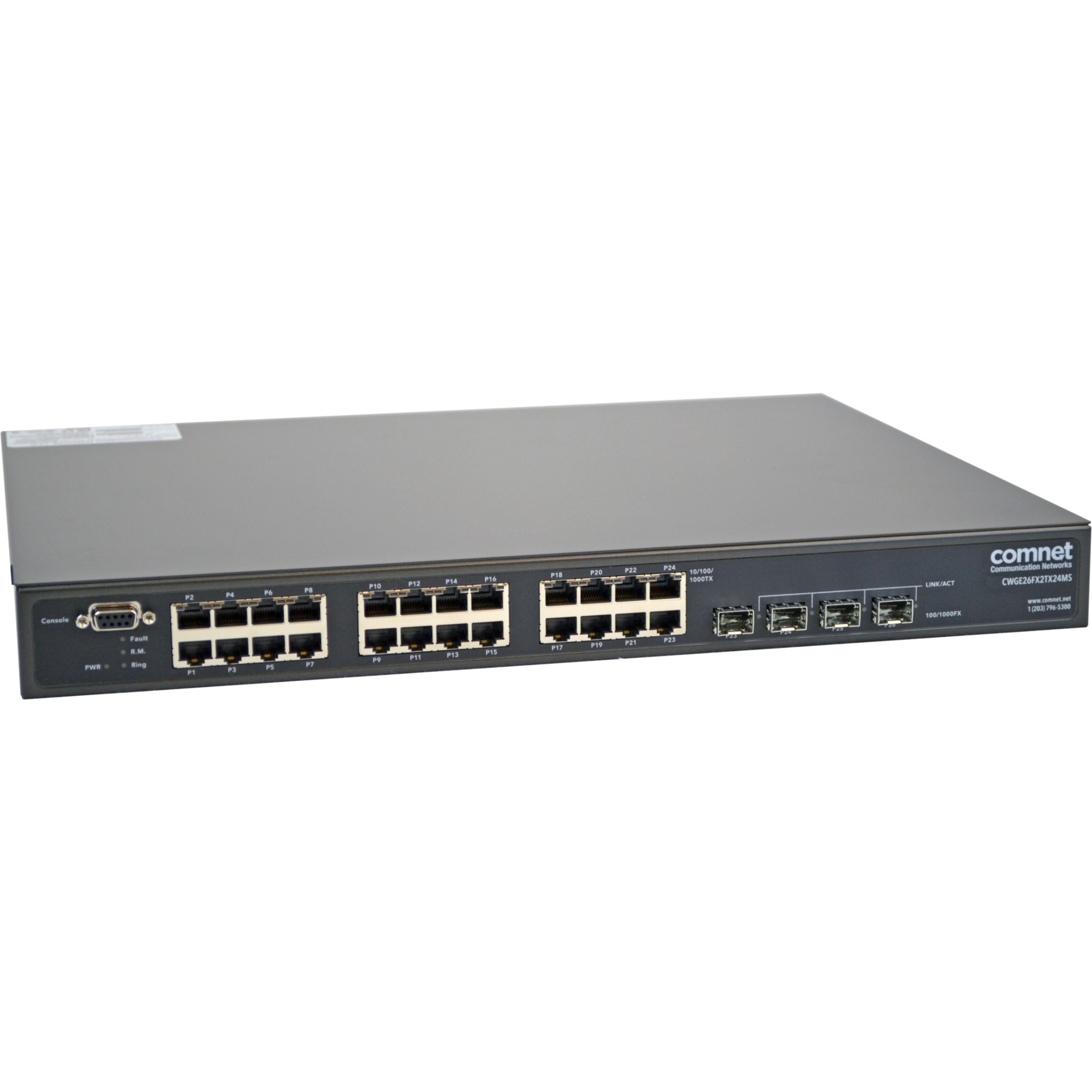 ComNet CWGE26FX2TX24MS Ethernet Switch - 22 Ports - Manageable - 2 Layer Supported - Modular - 4 SFP Slots - 36 W Power Consumption - Twisted Pair, Optical Fiber - 1U - Rack-mountable - 5 Year Limited Warranty