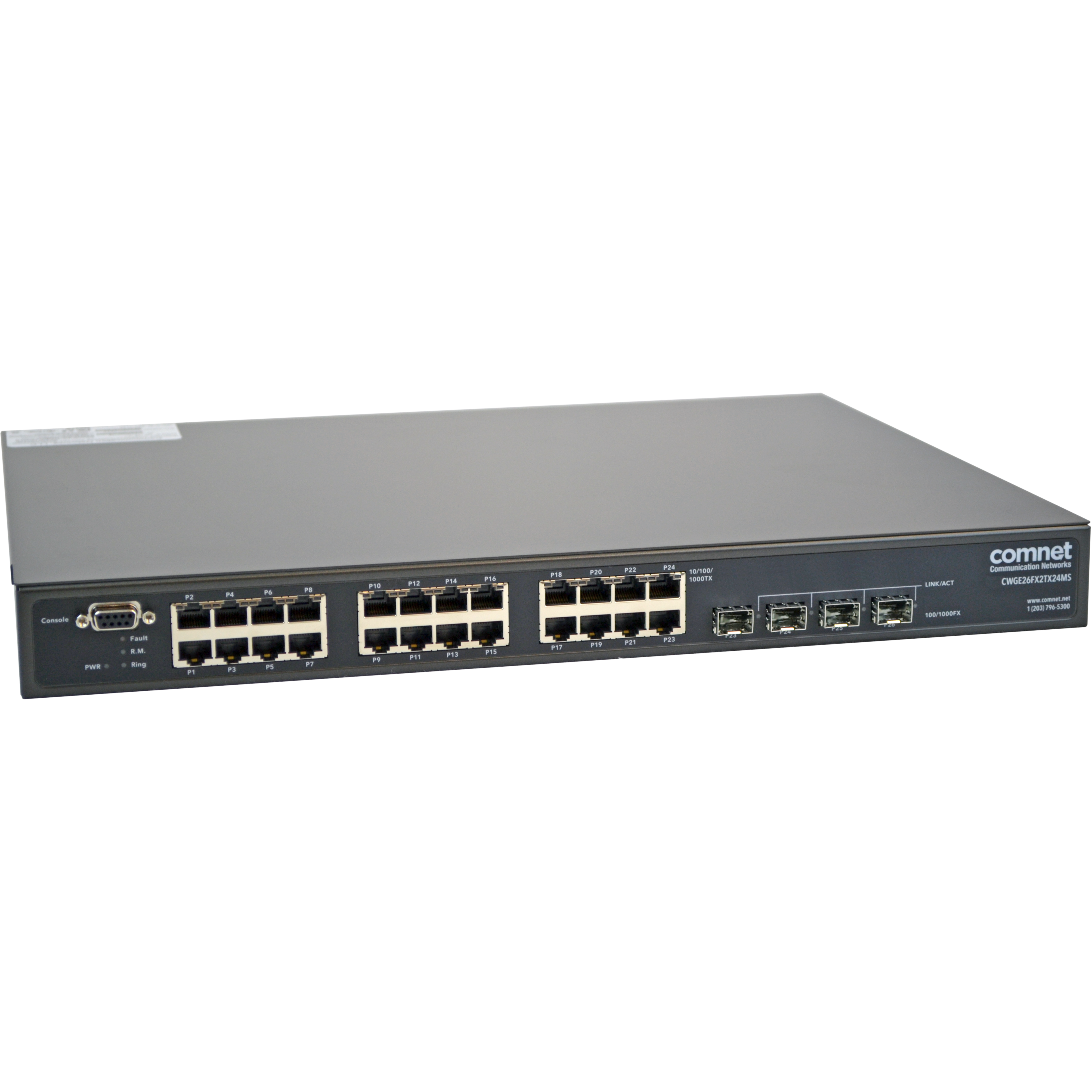 ComNet CWGE26FX2TX24MS Ethernet Switch - 22 Ports - Manageable - 2 Layer Supported - Modular - 4 SFP Slots - 36 W Power Consumption - Twisted Pair, Optical Fiber - 1U - Rack-mountable - 5 Year Limited Warranty