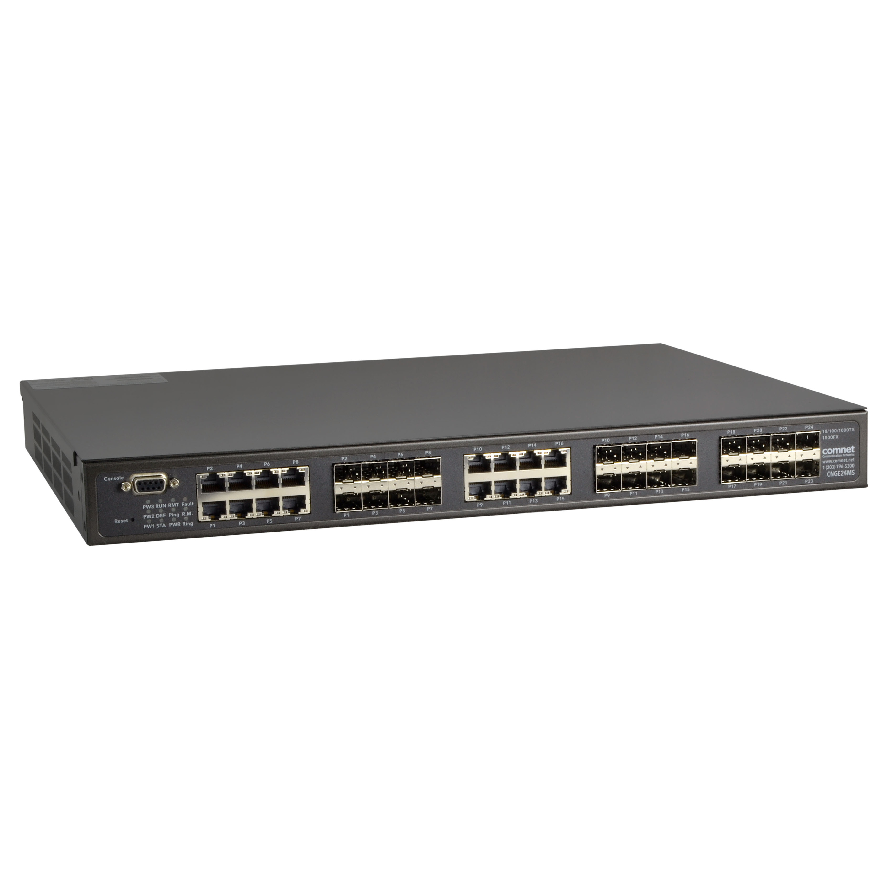 ComNet CNGE24MS2 Ethernet Switch - Manageable - Gigabit Ethernet - 100/1000Base-FX, 1000Base-X - 2 Layer Supported - Modular - 24 SFP Slots - Optical Fiber, Twisted Pair - Desktop, Rack-mountable - Lifetime Limited Warranty