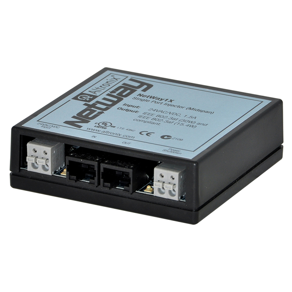 Altronix Single Port PoE/PoE+ Injector for Standard Network Infrastructure - 24 V AC, 24 V DC Input - 1 x 10/100Base-TX Input Port(s) - 1 x 10/100Base-TX Output Port(s) - 30 W