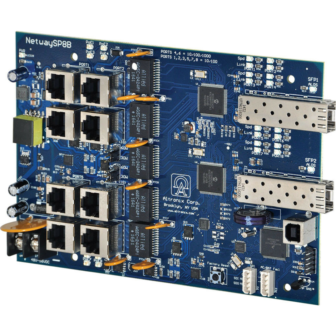 NetWay 8-Port PoE+ Switch Board - 8 Ports - Gigabit Ethernet, Fast Ethernet - 10/100/1000Base-T, 10/100Base-T, 100/1000Base-X - 2 Layer Supported - Modular - 2 SFP Slots - 115 W PoE Budget - Twisted Pair, Optical Fiber - PoE Ports - Lifetime Limited Warranty