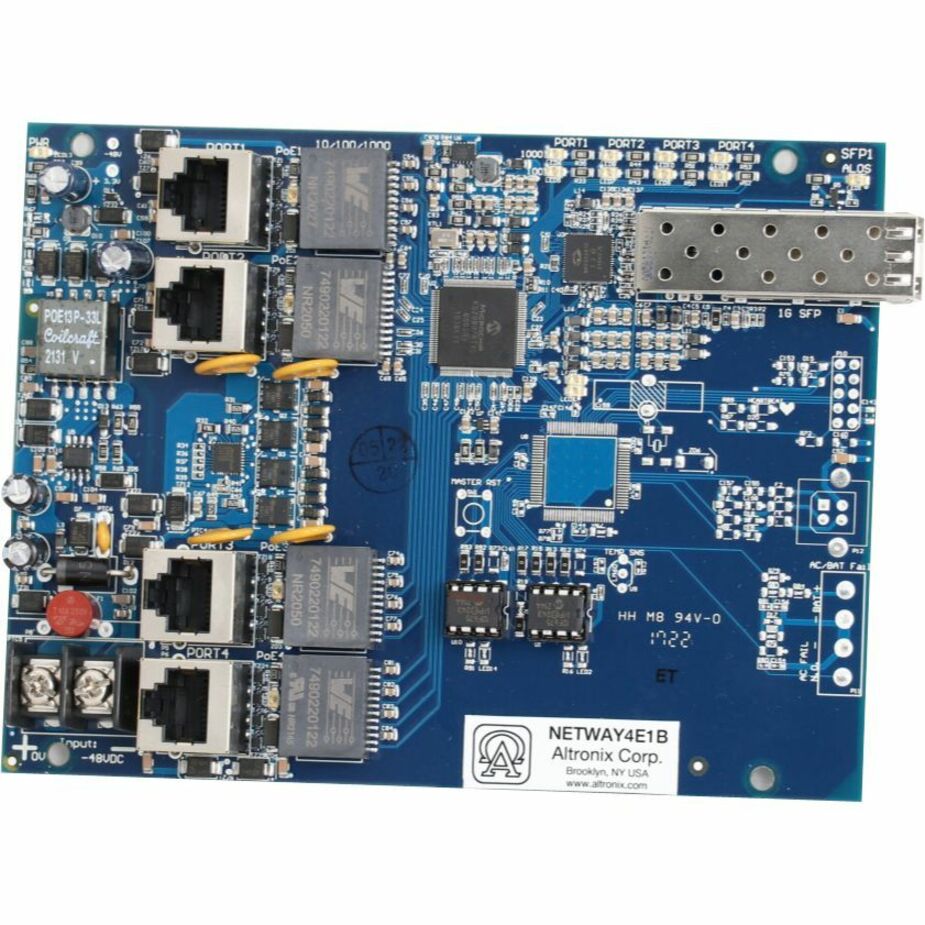 Altronix 4-port PoE+ Hardened Switch Board - 4.0 Ports - Manageable - Gigabit Ethernet - 10/100/1000Base-T, 1000Base-X - 2 Layer Supported - Modular - 1 SFP Slots - 120 W PoE Budget - Twisted Pair, Optical Fiber - PoE Ports - Wall Mountable - Lifetime Limited Warranty