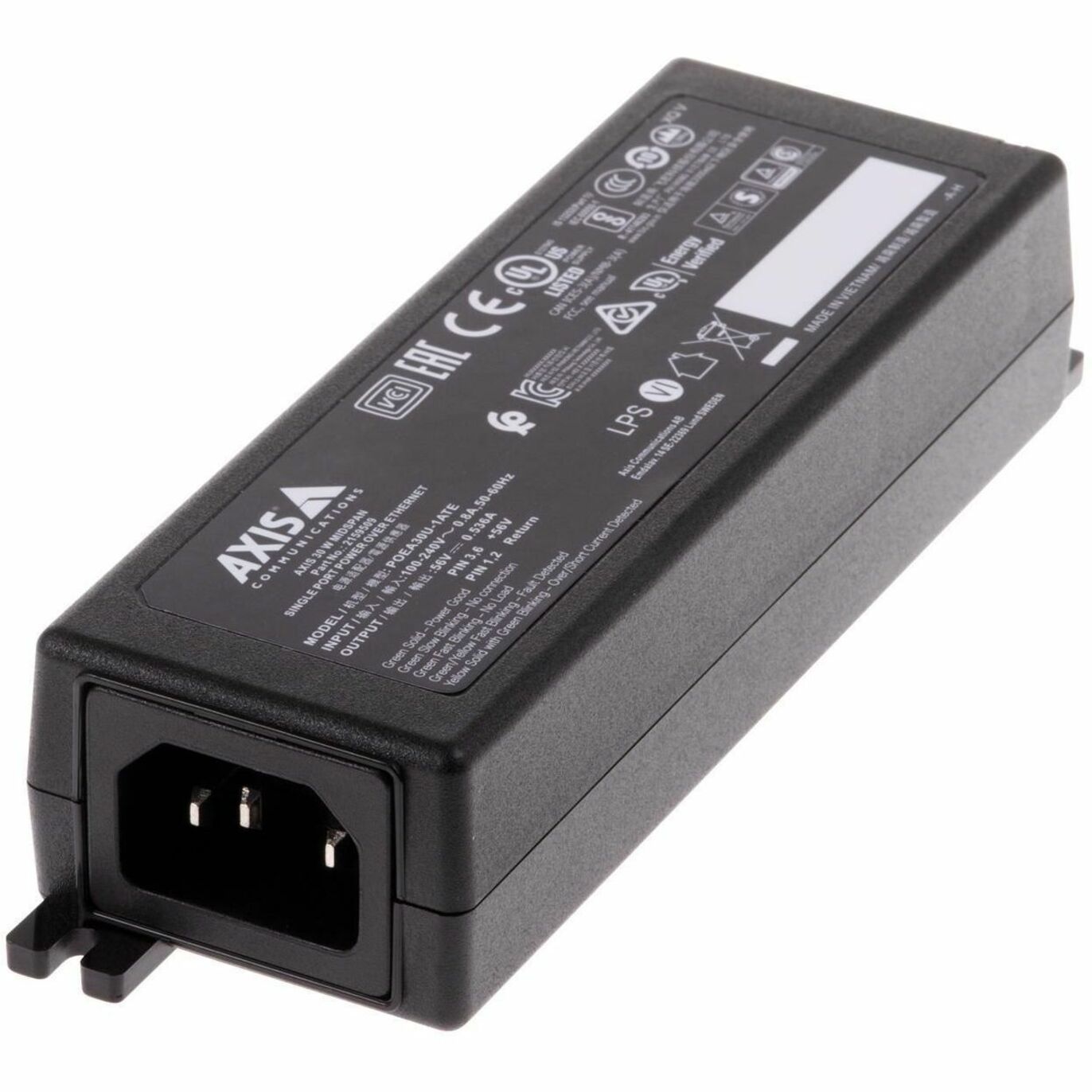 AXIS POEA30U-1ATE PoE Injector - 120 V AC, 230 V AC Input - 56 V DC Output - 30 W - Wall/Shelf/DIN Rail-mountable - Black