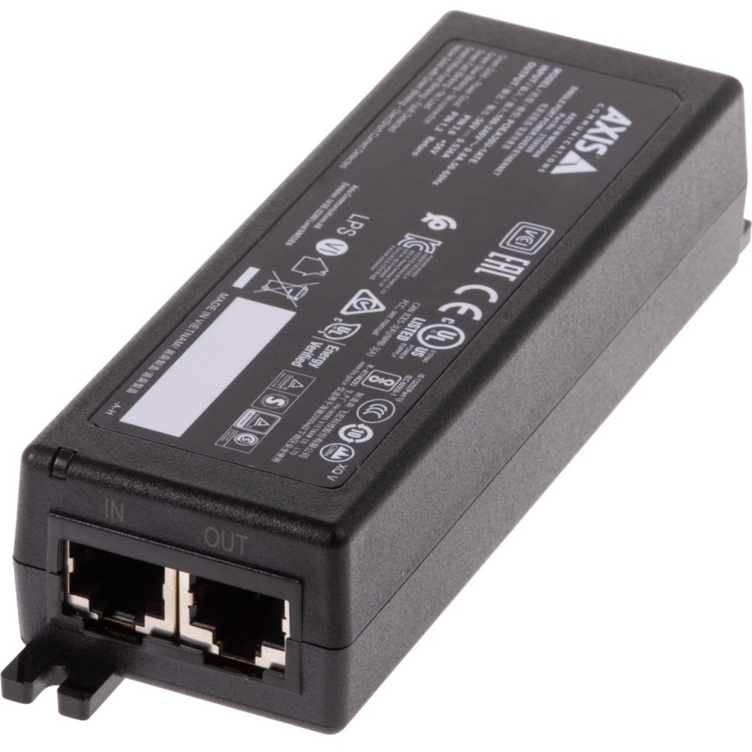 AXIS 30W Midspan - 56 V DC Output - 1 x Ethernet Input Port(s) - 1 x PoE Output Port(s) - 30 W - Black
