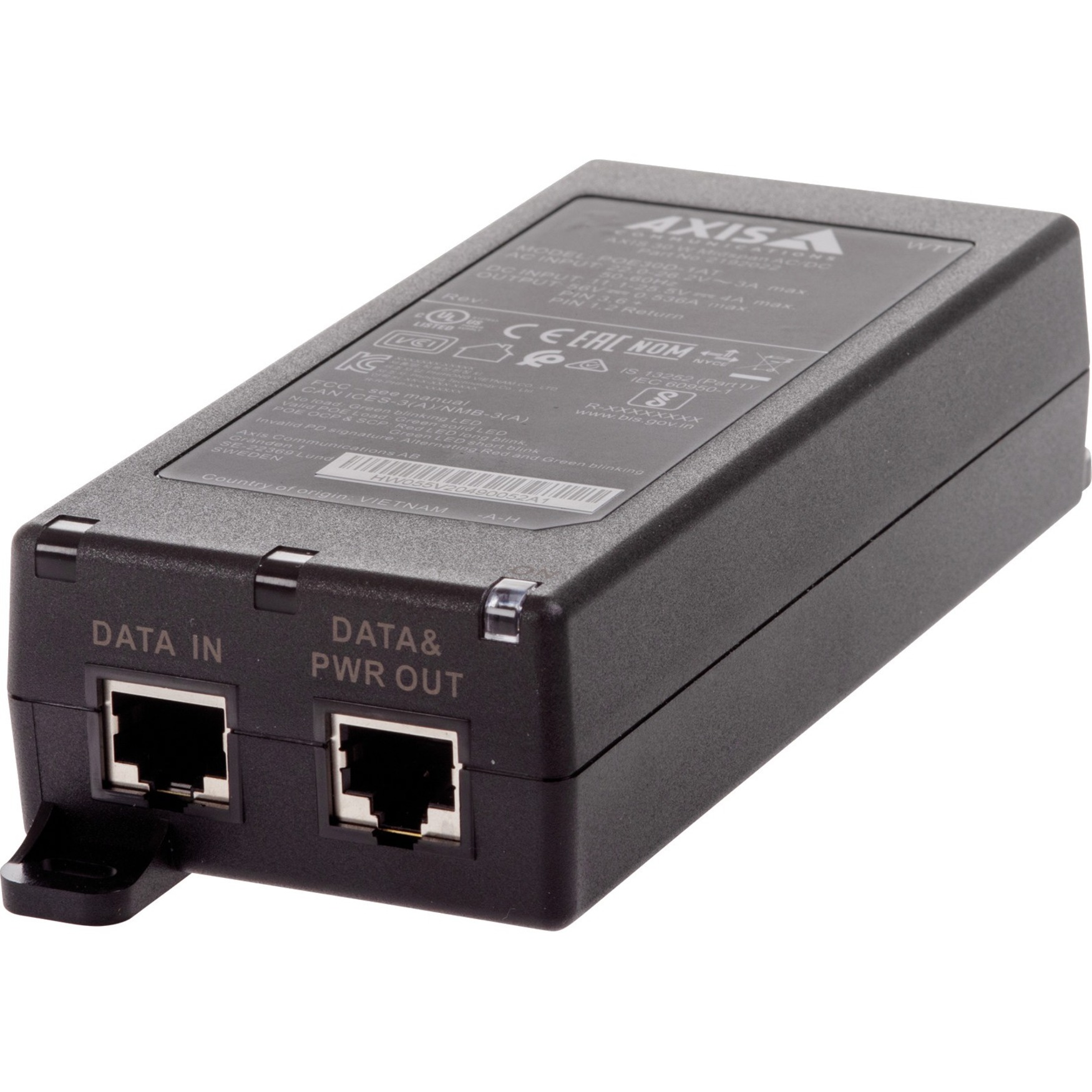 AXIS 30 W Midspan AC/DC - 56 V DC Output - Gigabit Ethernet Input Port(s) - PoE Output Port(s) - 30 W - Wall/Shelf/DIN Rail-mountable - Black