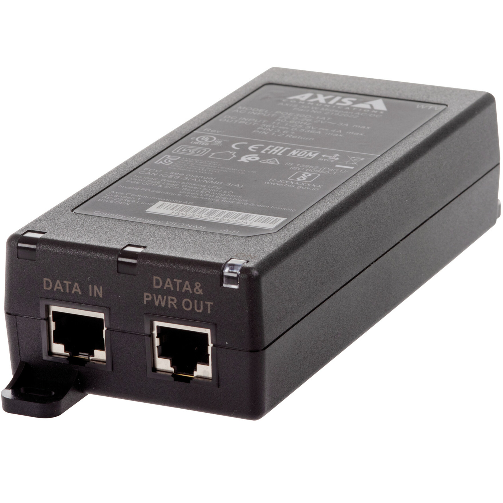 AXIS 30 W Midspan AC/DC - 56 V DC Output - Gigabit Ethernet Input Port(s) - PoE Output Port(s) - 30 W - Wall/Shelf/DIN Rail-mountable - Black