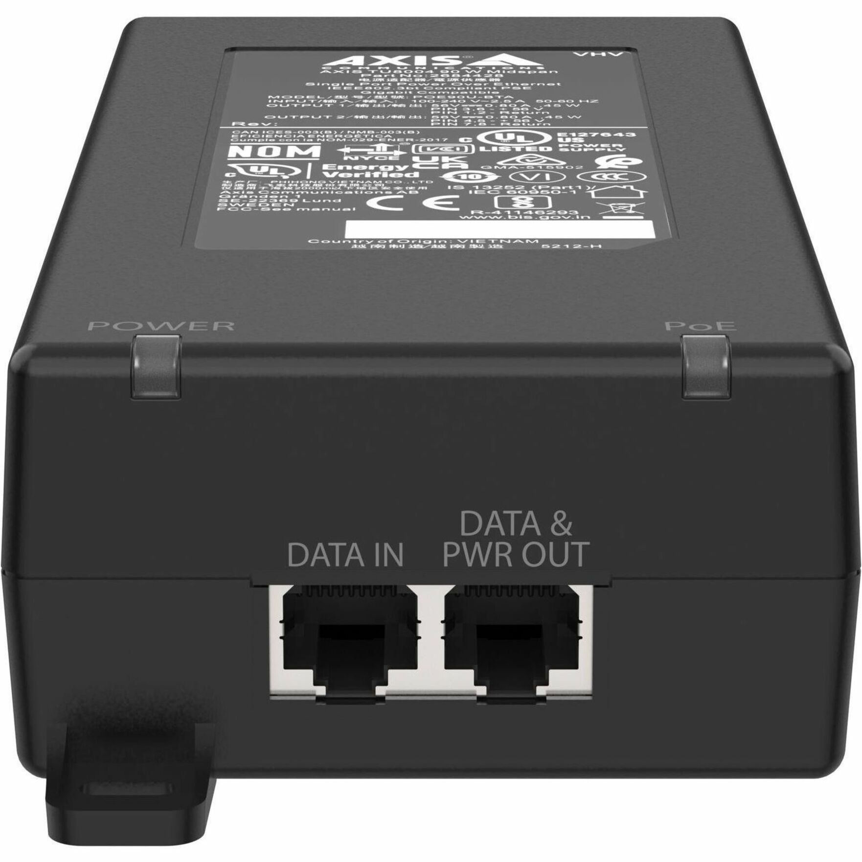 AXIS TU8004 PoE Injector - 120 V AC, 230 V AC Input - 57 V DC Output - 1 x RJ-45 Input Port(s) - 1 x RJ-45 Output Port(s) - 90 W - Black