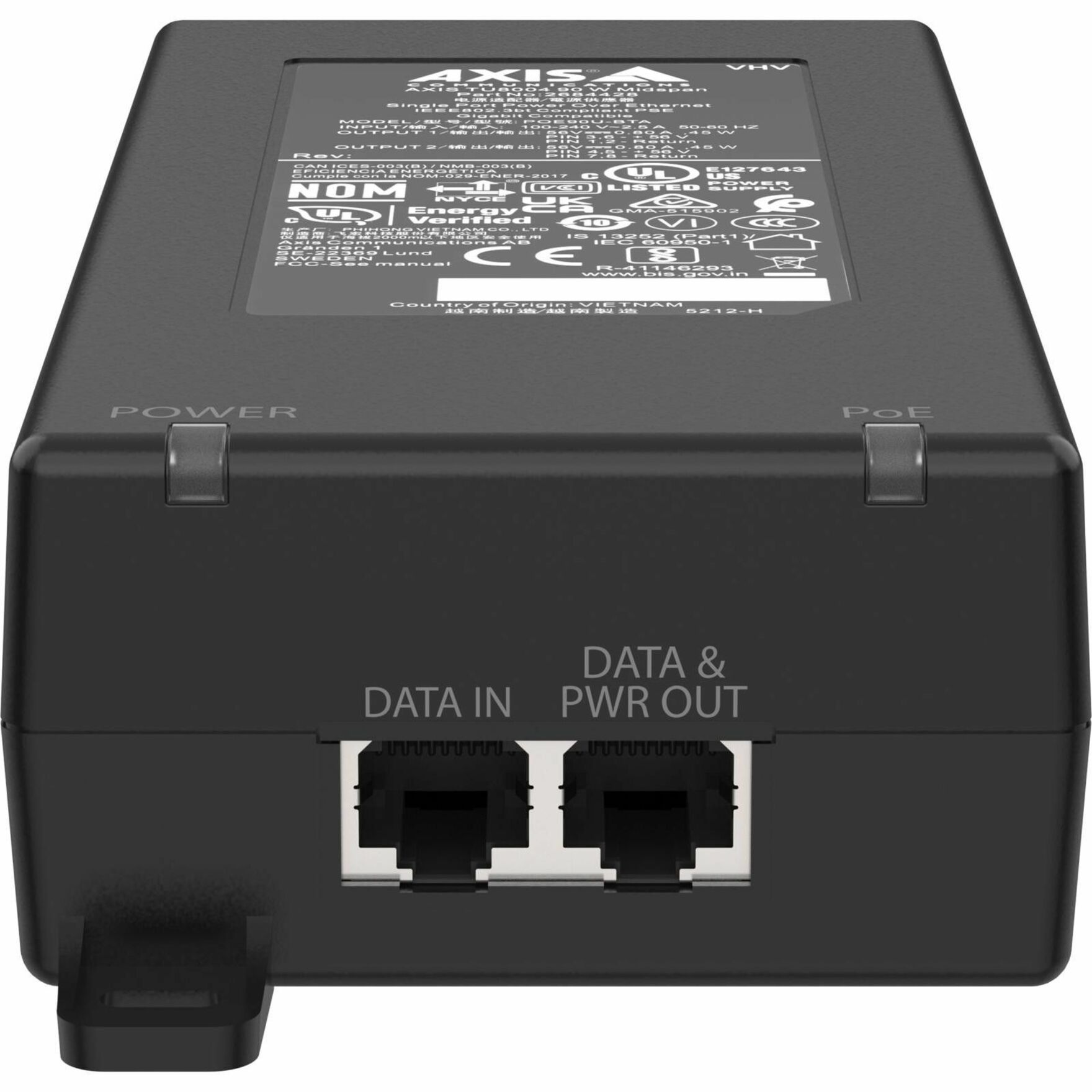 AXIS TU8004 PoE Injector - 120 V AC, 230 V AC Input - 57 V DC Output - 1 x RJ-45 Input Port(s) - 1 x RJ-45 Output Port(s) - 90 W - Black