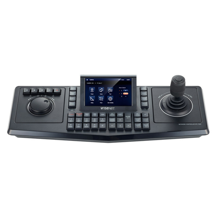 Hanwha System Control Keyboard - 255 Controllable Cameras - Zoom, Pan, Tilt, Focus Control - 3D Joystick - 5" LCD Touchscreen Display - USB Port - Serial Port