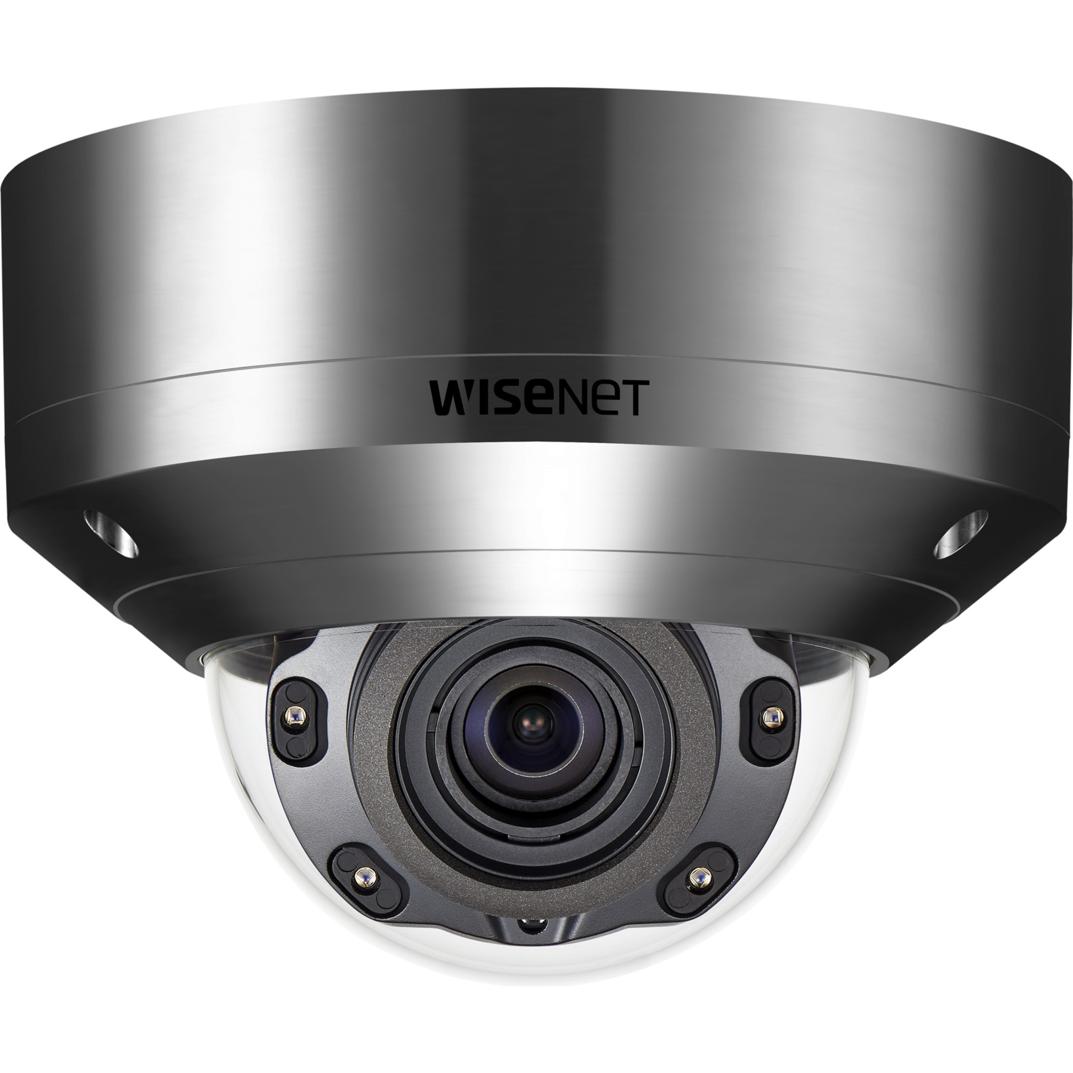 Wisenet XNV-8080RSA 5 Megapixel HD Network Camera - Color, Monochrome - Dome - Silver - 164.04 ft - H.264, H.265, MJPEG - 2560 x 1920 - 3.90 mm- 9.40 mm Varifocal Lens - 2.4x Optical - 30 fps - CMOS - Wall Mount, Pole Mount, Corner Mount - IK10+ - IP66, IP6K9K