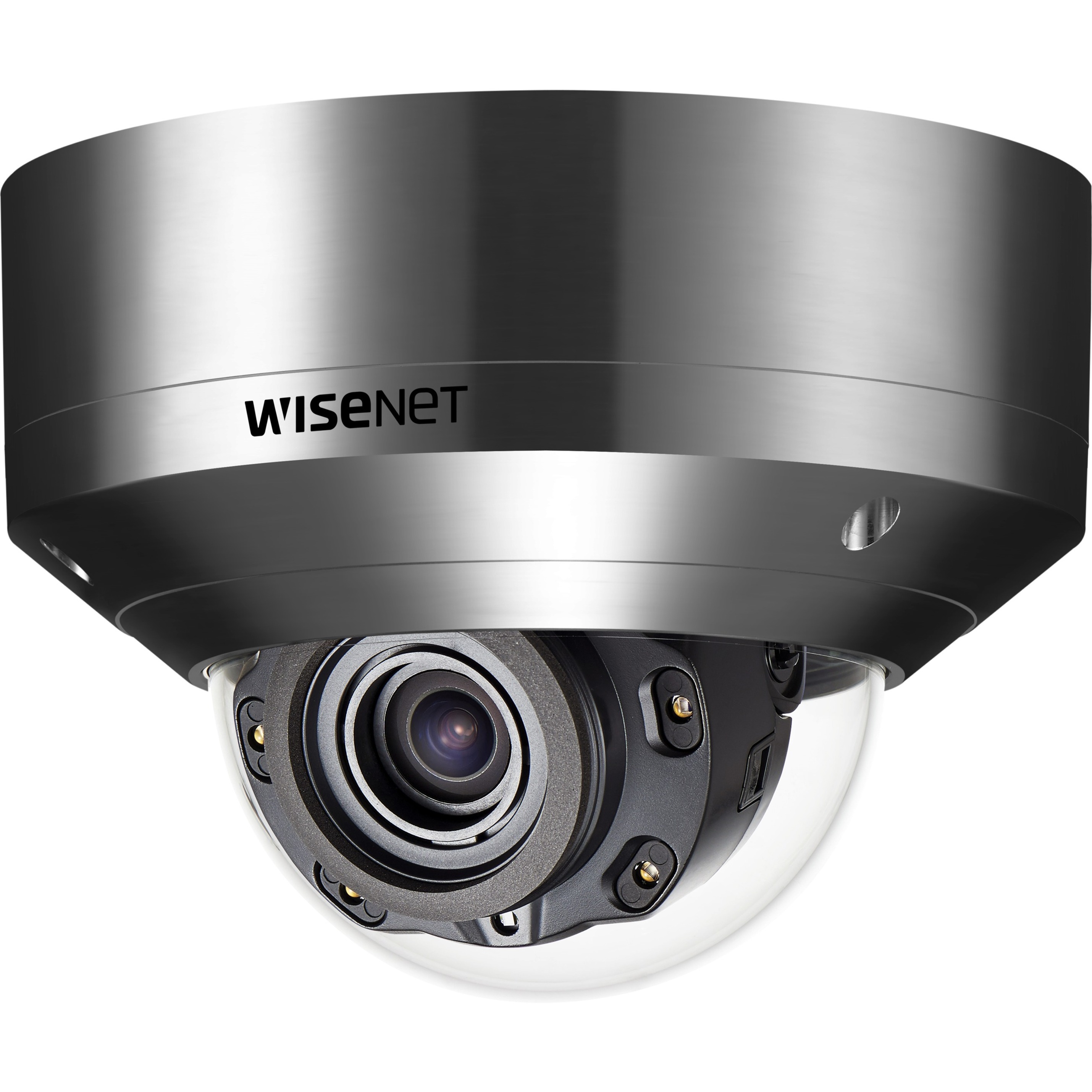 Wisenet XNV-8080RSA 5 Megapixel HD Network Camera - Color, Monochrome - Dome - Silver - 164.04 ft - H.264, H.265, MJPEG - 2560 x 1920 - 3.90 mm- 9.40 mm Varifocal Lens - 2.4x Optical - 30 fps - CMOS - Wall Mount, Pole Mount, Corner Mount - IK10+ - IP66, IP6K9K