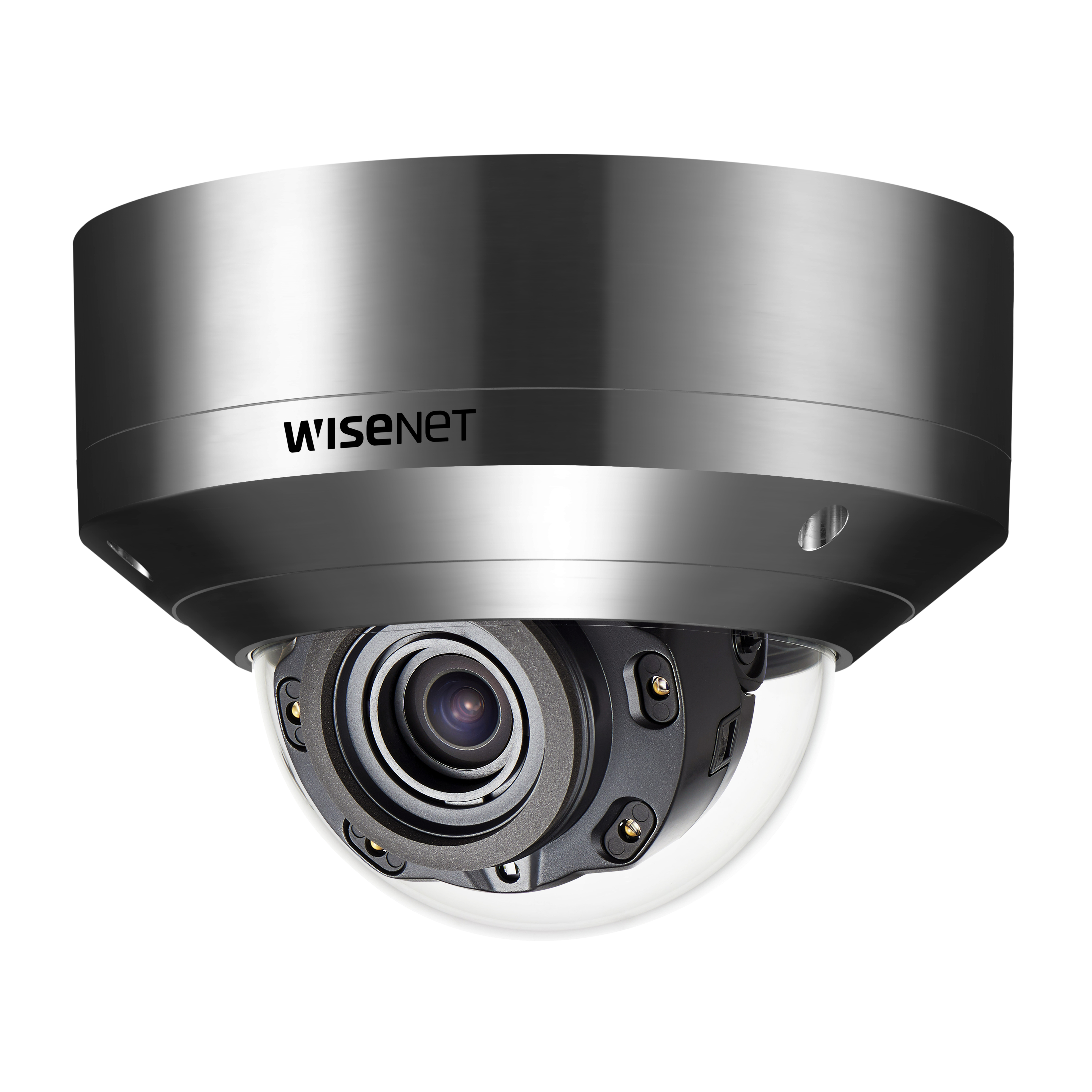 Wisenet XNV-8080RSA 5 Megapixel HD Network Camera - Color, Monochrome - Dome - Silver - 164.04 ft - H.264, H.265, MJPEG - 2560 x 1920 - 3.90 mm- 9.40 mm Varifocal Lens - 2.4x Optical - 30 fps - CMOS - Wall Mount, Pole Mount, Corner Mount - IK10+ - IP66, IP6K9K