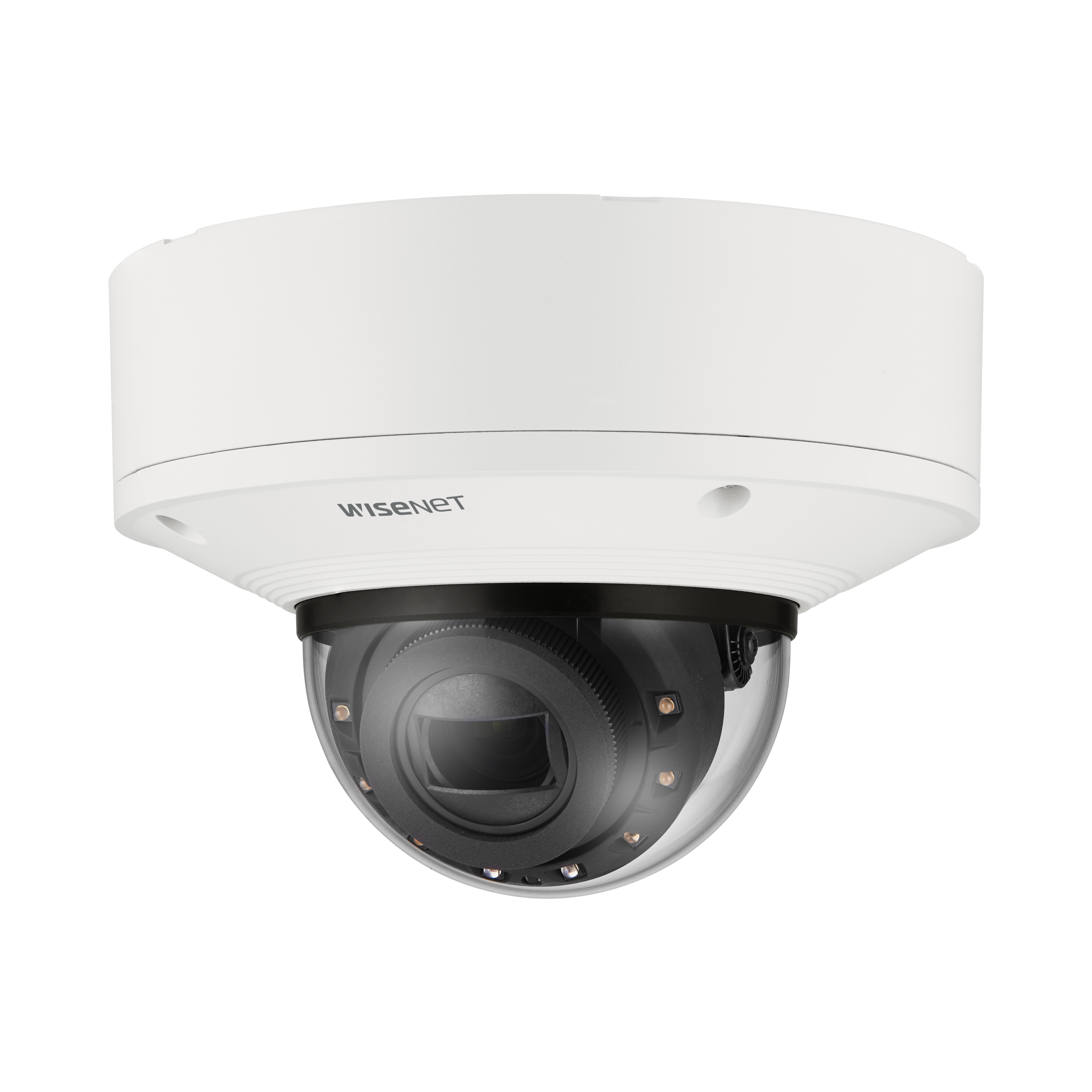 Wisenet XNV-8093R 6 Megapixel Network Camera - Color - Dome - White - 229.66 ft Infrared Night Vision - H.265, H.264, Motion JPEG, H.265M, H.265H, H.264M, H.264H - 3328 x 1872 - 10.90 mm- 29 mm Varifocal Lens - 2.7x Optical - 30 fps - CMOS - Hanging Mount - IK10+ - IP66, IP67, IP6K9K