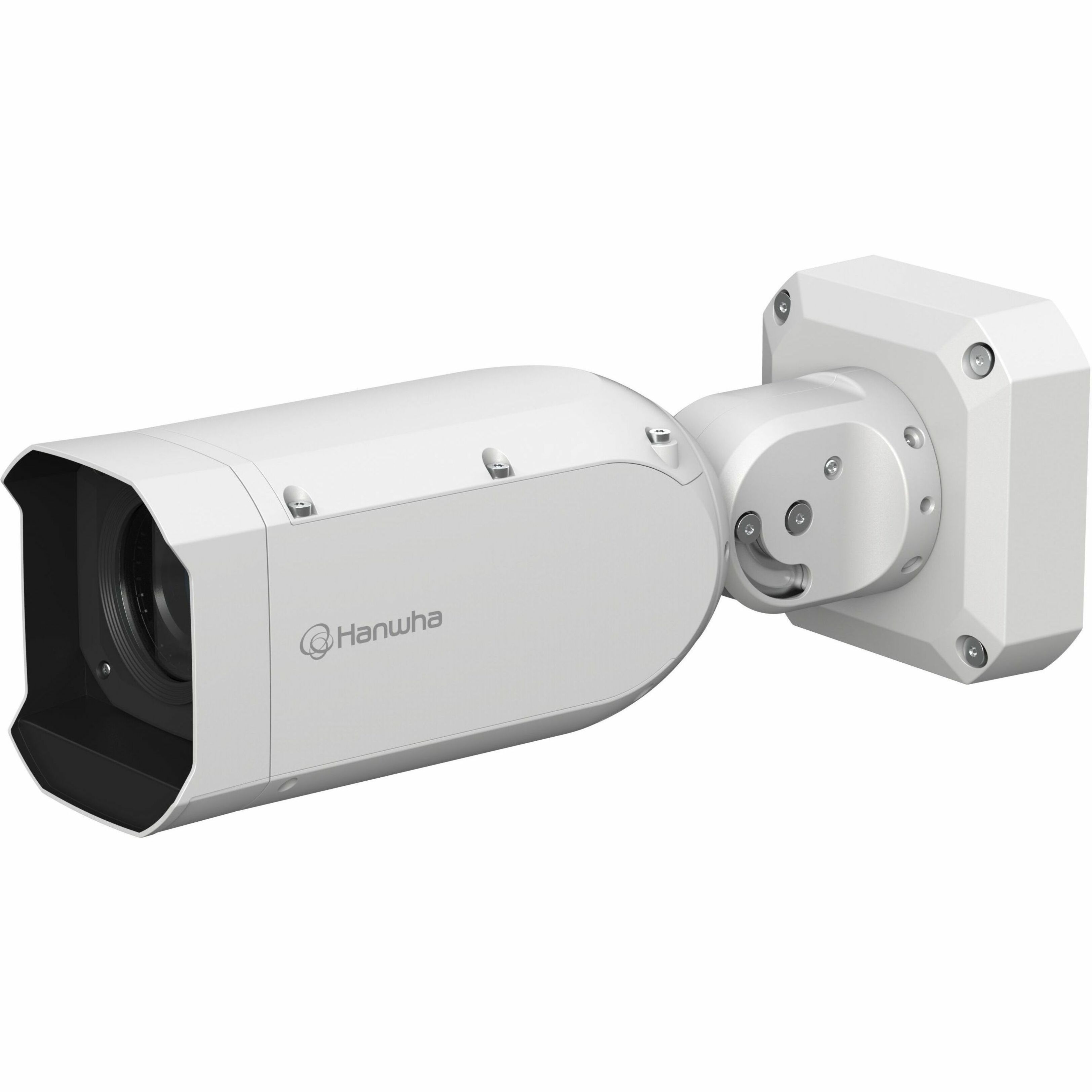Hanwha TNO-A26081 26 Megapixel Network Camera - Color - Bullet - White - TAA Compliant - H.265, H.264, MJPEG, H.265M, H.265H, H.264M, H.264H - 6240 x 4160 - 55 mm- 250 mm Varifocal Lens - 4.5x Optical - 30 fps - CMOS - Gigabit Ethernet - USB - IK10 - IP66, IP67 - Impact Resistant, Vandal Resistant - Audio Support - SD Card Local Storage, Audio Compression, Alarm Triggering, Privacy Masking, Motion Detection, Face Detection, Human Detection, Vehicle Detection, AI Analytics, Back Light Compen