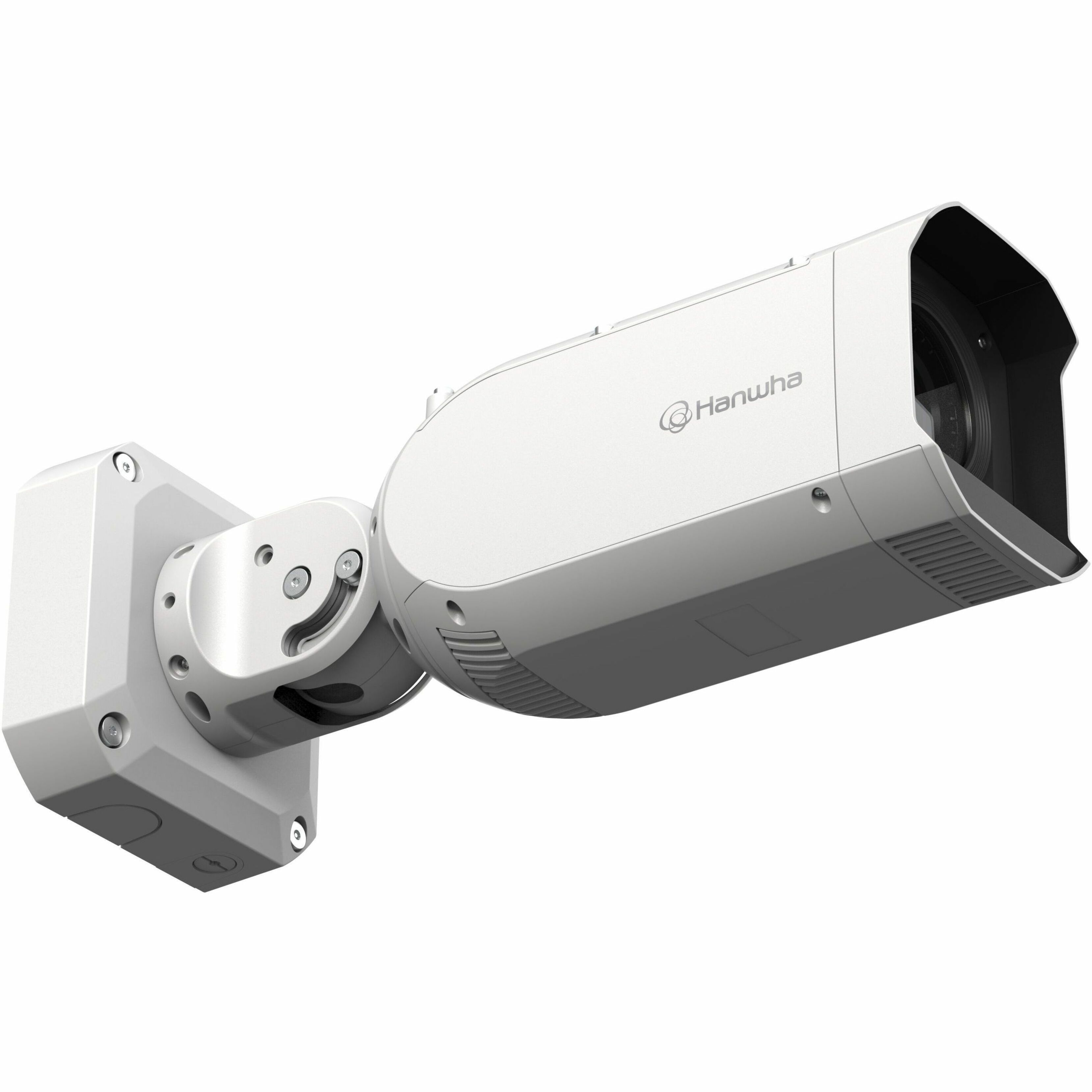 Hanwha TNO-A26081 26 Megapixel Network Camera - Color - Bullet - White - TAA Compliant - H.265, H.264, MJPEG, H.265M, H.265H, H.264M, H.264H - 6240 x 4160 - 55 mm- 250 mm Varifocal Lens - 4.5x Optical - 30 fps - CMOS - Gigabit Ethernet - USB - IK10 - IP66, IP67 - Impact Resistant, Vandal Resistant - Audio Support - SD Card Local Storage, Audio Compression, Alarm Triggering, Privacy Masking, Motion Detection, Face Detection, Human Detection, Vehicle Detection, AI Analytics, Back Light Compen
