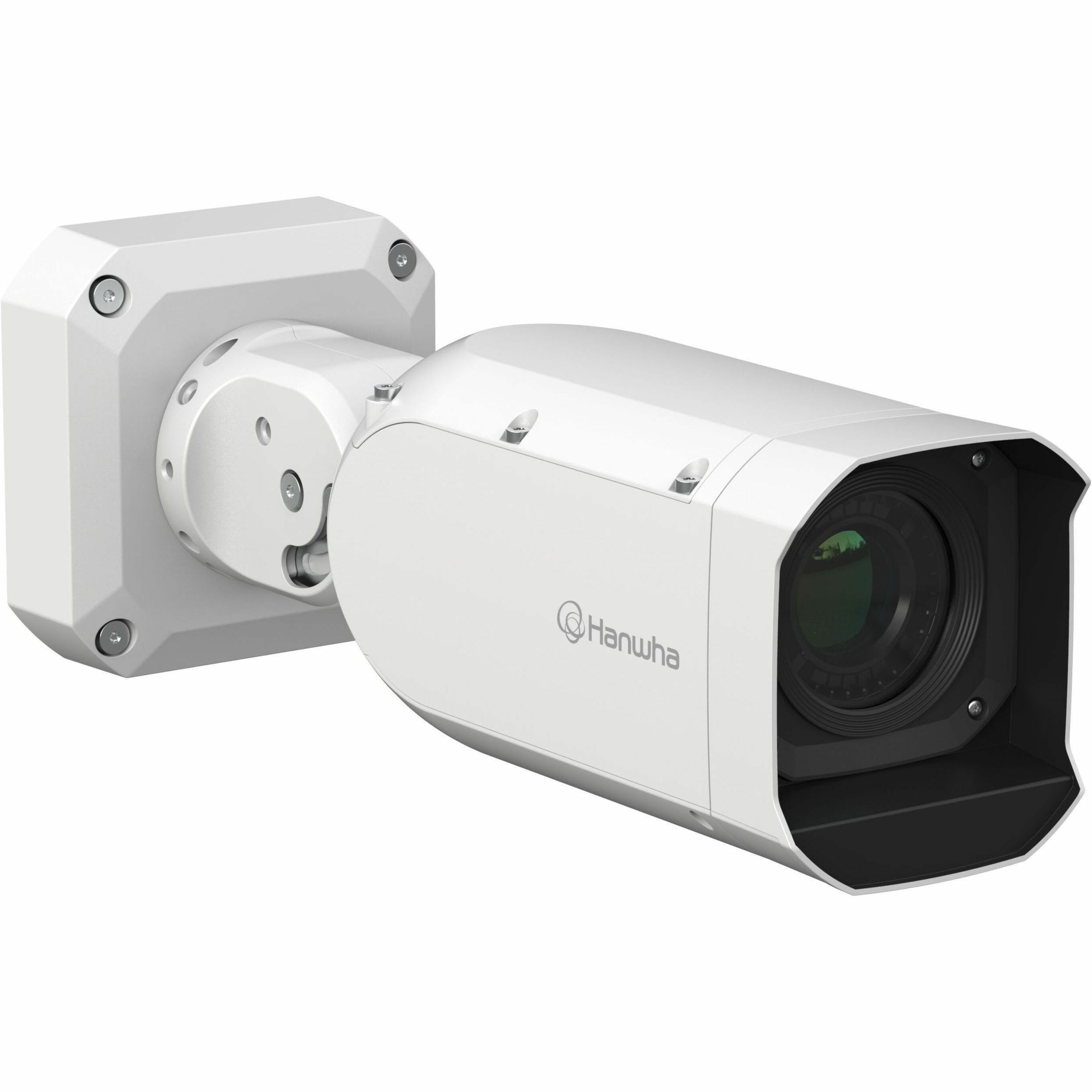 Hanwha TNO-A26081 26 Megapixel Network Camera - Color - Bullet - White - TAA Compliant - H.265, H.264, MJPEG, H.265M, H.265H, H.264M, H.264H - 6240 x 4160 - 55 mm- 250 mm Varifocal Lens - 4.5x Optical - 30 fps - CMOS - Gigabit Ethernet - USB - IK10 - IP66, IP67 - Impact Resistant, Vandal Resistant - Audio Support - SD Card Local Storage, Audio Compression, Alarm Triggering, Privacy Masking, Motion Detection, Face Detection, Human Detection, Vehicle Detection, AI Analytics, Back Light Compen